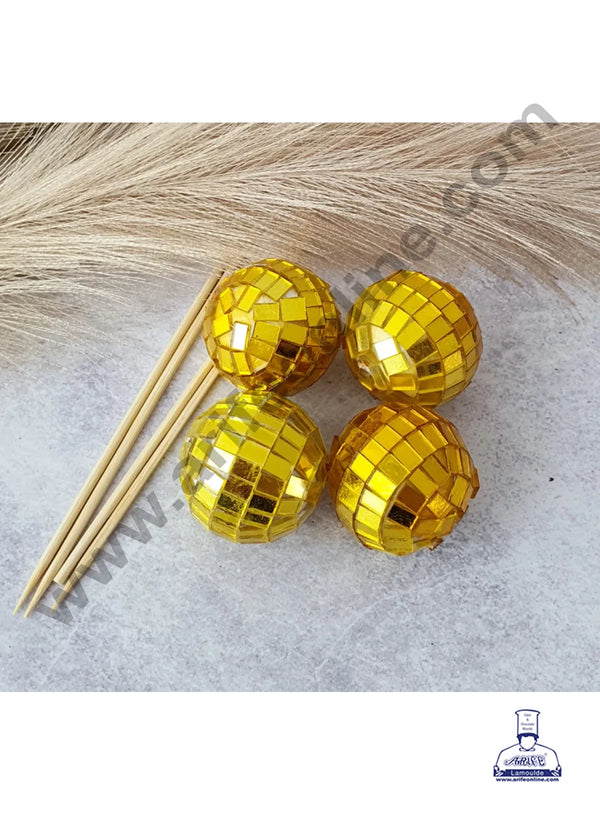 CAKE DECOR™ Mirror Disco Foam Balls Topper For Cake and Cupcake Decoration With Sticks  - ( 12 pcs Pack ) Golden