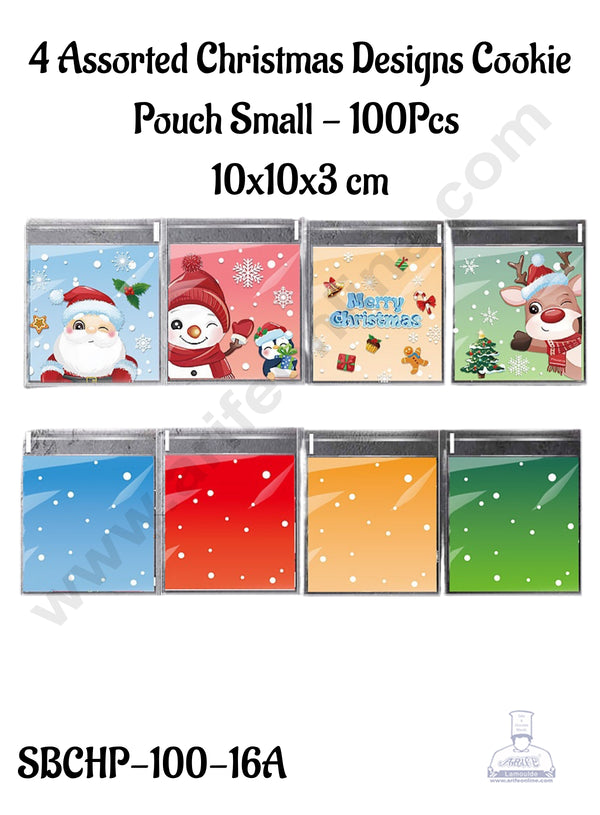 CAKE DECOR™ 4 Assorted Christmas Designs Cookie Pouch Small (Self Adhesive)- 100Pcs (10x10x3 cm)