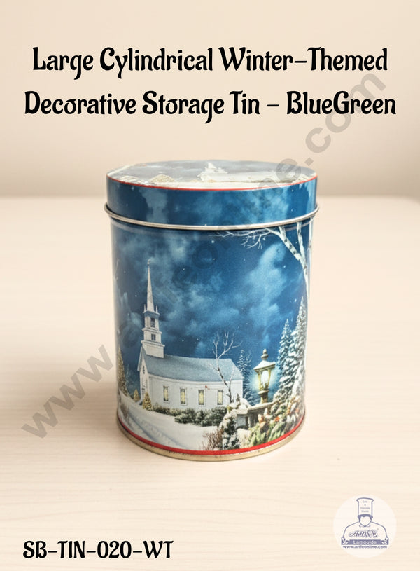 CAKE DECOR™ Large Cylindrical Winter-Themed Decorative Storage Tin - BlueGreen │ SB-TIN-020-WT │