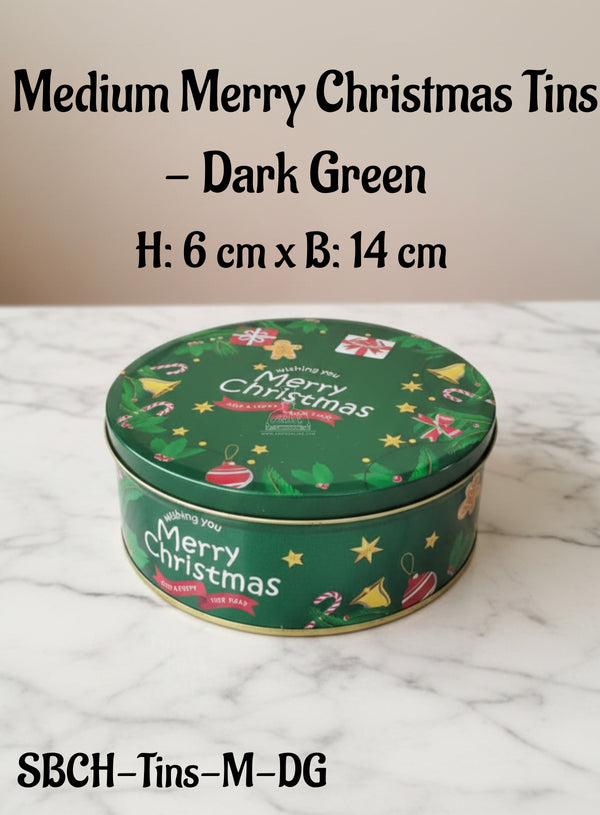 Cake Decor ™ Medium Merry Christmas Tins - Dark Green | Round Storage Containers Tins | 1 Pc Pack