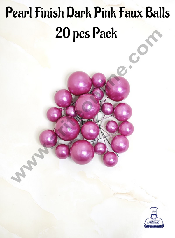 CAKE DECOR™ Pearl Finish Dark Pink Faux Balls Topper For Cake and Cupcake Decoration - (20 Pcs Pack)