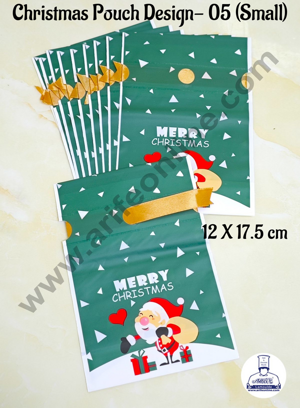 Cake Decor ™ Small Green Color Christmas Theme Cookie pouch Plastic Drawstring Bag Treat With Ribbon | Design - 05 | Pack of 10 | (12cm X 17.5cm)