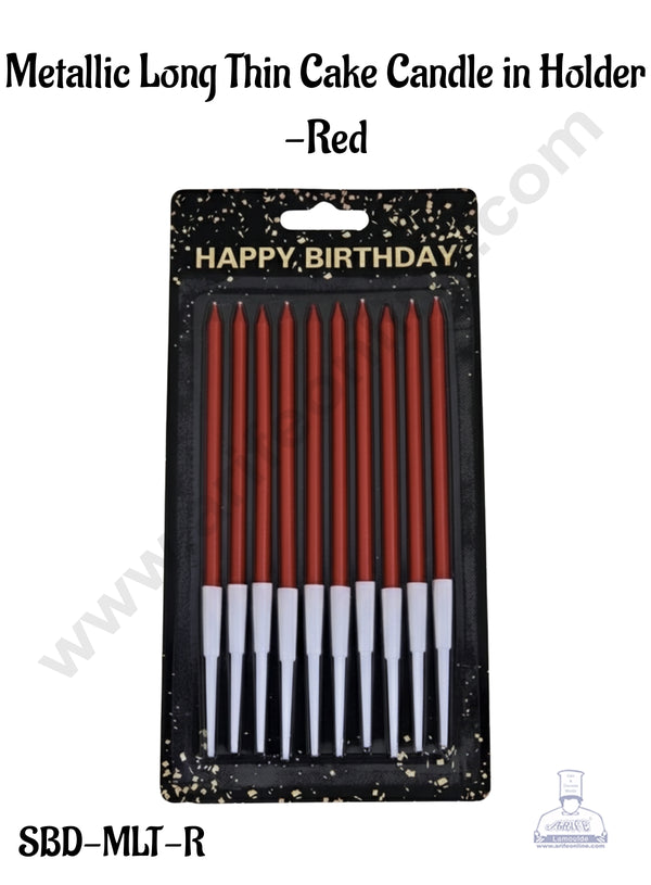Metallic Long Thin Cake Candle in Holder for Party Decoration for Cake and Cupcake - Red- Pack of 10 Pc - CAKE DECOR™