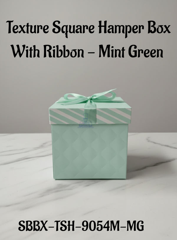 Texture Square Hamper Box With Ribbon - Mint Green | 15 x 15 x 15 cm | 1 Piece - CAKE DECOR™