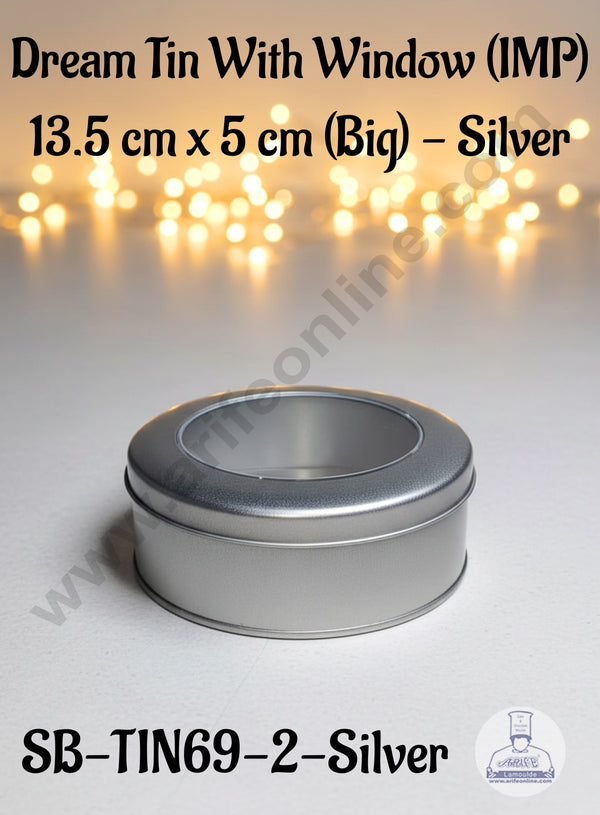 CAKE DECOR™ Dream Tin with Window (IMP) | Dream Cake Tin | Torte cake | Cookie |Silver|13.5 cm x 5 cm|Big