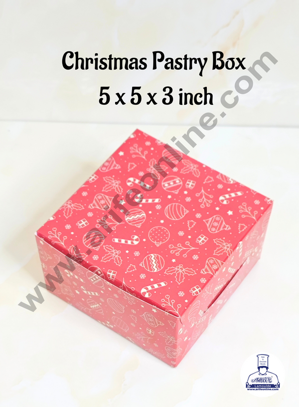 CAKE DECOR™ Red Christmas Design Pastry Box - 5x5x3( Pack of 10 Pcs )