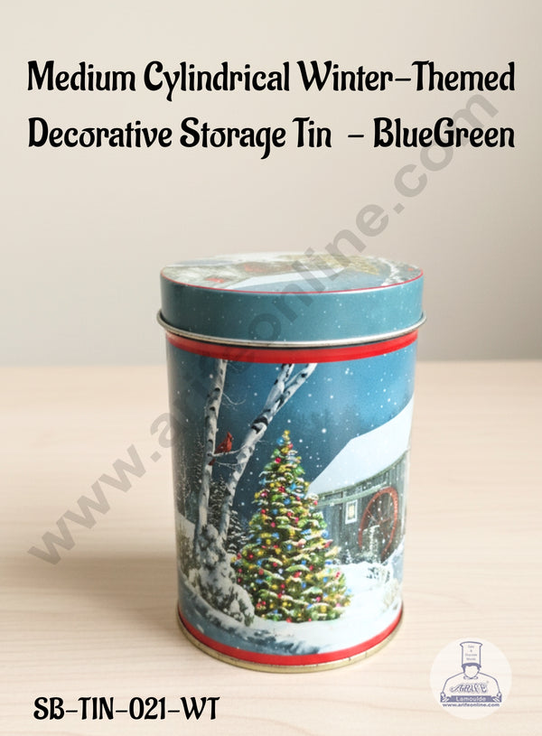 CAKE DECOR™ Medium Cylindrical Winter-Themed Decorative Storage Tin - BlueGreen │ SB-TIN-021-WT │