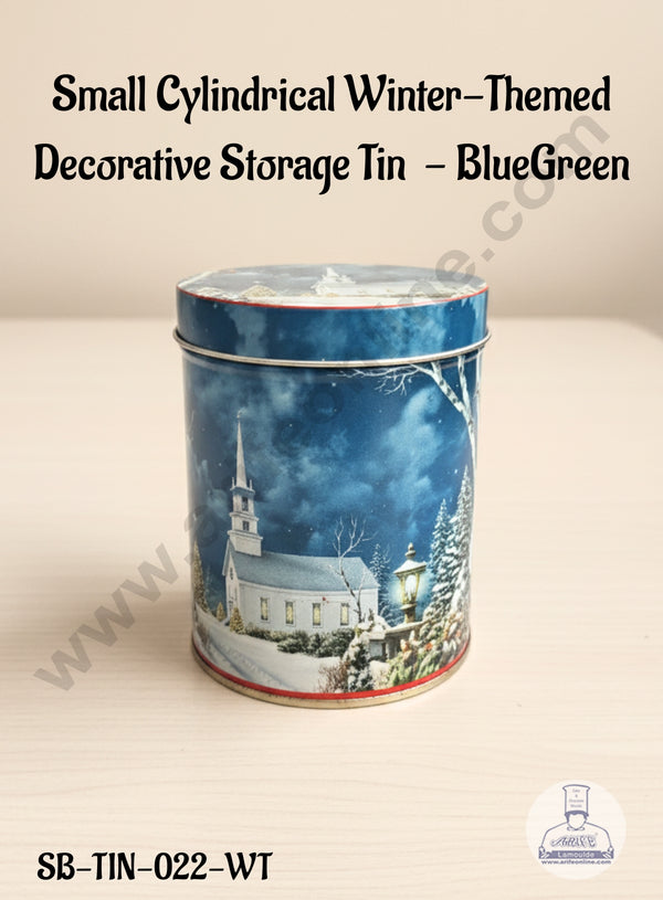 CAKE DECOR™ Small Cylindrical Winter-Themed Decorative Storage Tin - BlueGreen │ SB-TIN-022-WT │