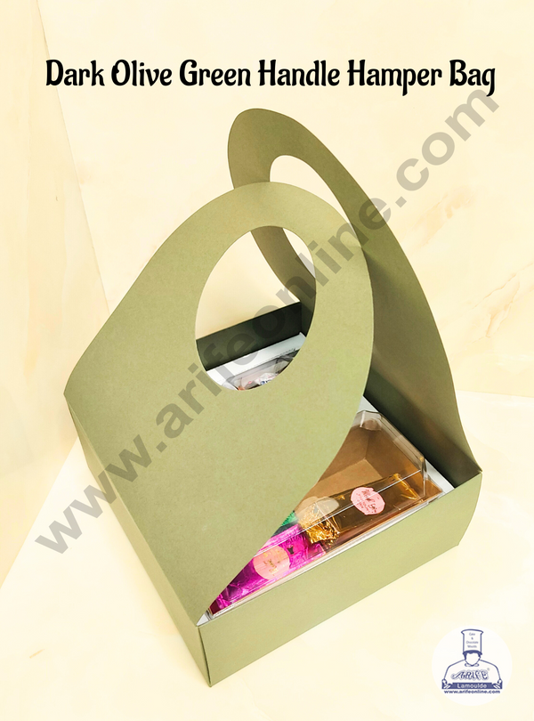 CAKE DECOR™  Round Handle Hamper Box With Cavity (Dark Olive Green)  | Gift Box | Gift Bag With Handle (1 Pc Pack)