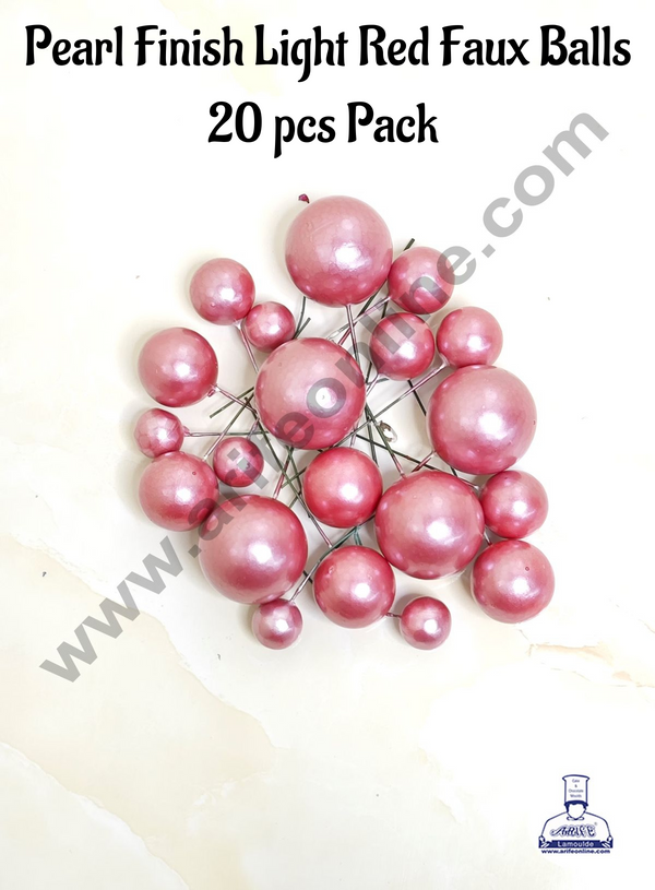 CAKE DECOR™ Pearl Finish Light Red Faux Balls Topper For Cake and Cupcake Decoration - (20 Pcs Pack)