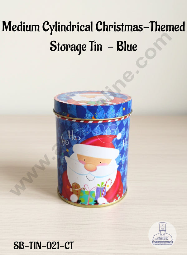 CAKE DECOR™ Medium Cylindrical Christmas-Themed Storage Tin -  Blue │ SB-TIN-021-CT │