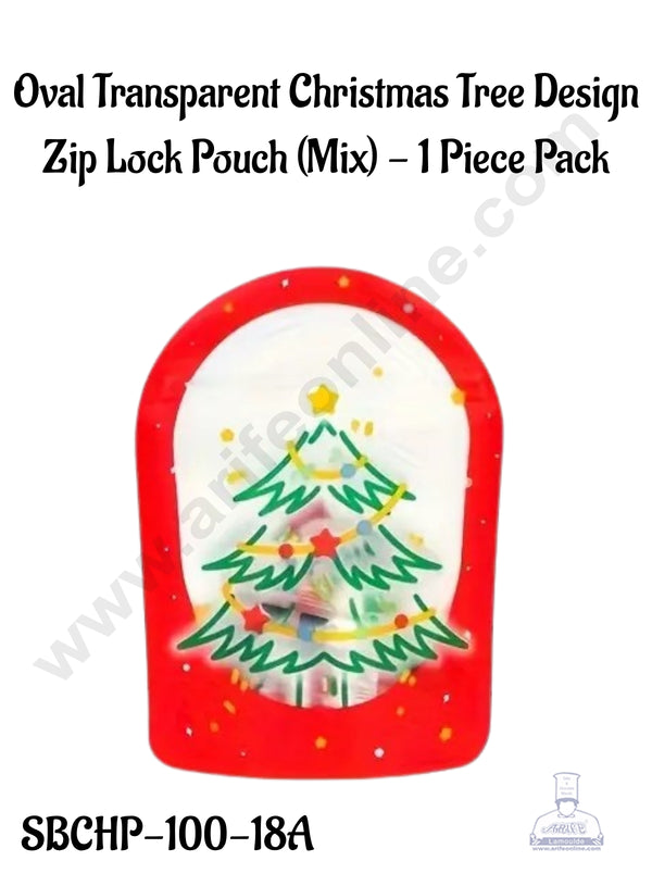CAKE DECOR™ Oval Transparent Christmas Tree Design Zip Lock Pouch (Red) - 1 Piece Pack (12x16.5x3 cm)