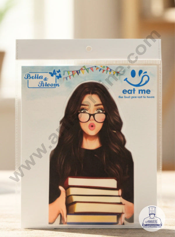 CAKE DECOR™ Edible Theme Topper Pre Cut Wafer Paper High Quality - Cartoon girl with books - ( 1 pc Pack ) SB-WPC-3121