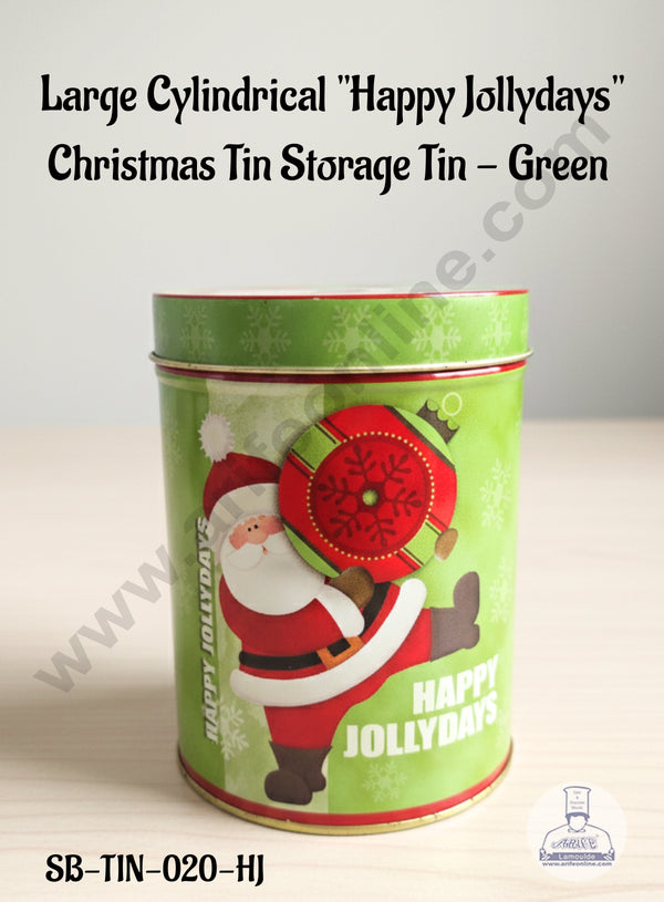 CAKE DECOR™ Large Cylindrical "Happy Jollydays" Christmas Tin Storage Tin - Green │ SB-TIN-020-HJ │