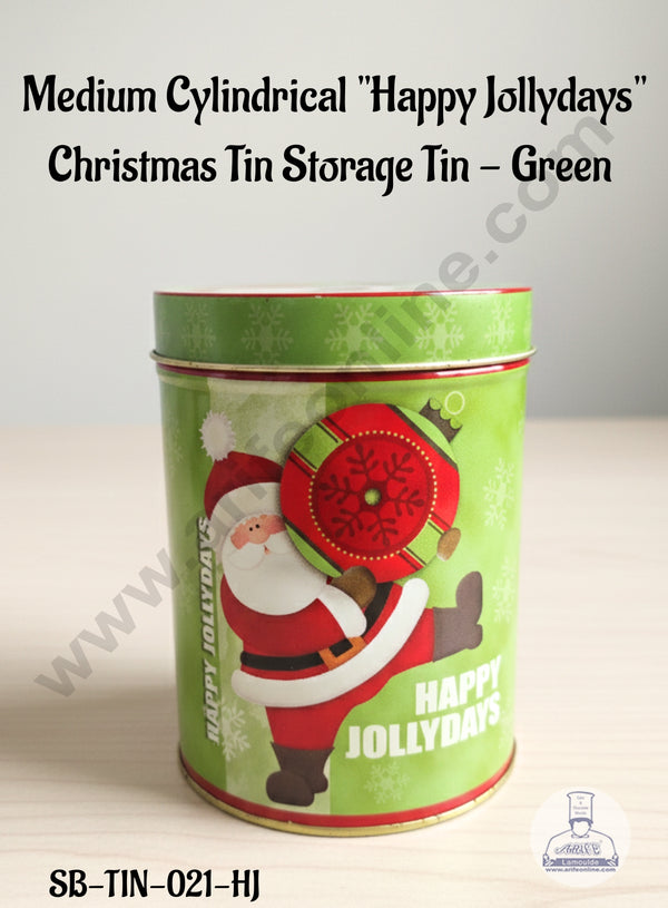 CAKE DECOR™ Medium Cylindrical "Happy Jollydays" Christmas Tin Storage Tin - Green │ Height: 13 cm x Diameter: 9 cm│