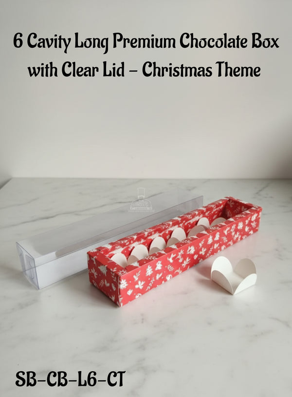 CAKE DECOR™ 6 Cavity Long Premium Chocolate Box with Clear Lid - Christmas Theme | Red | 1 Piece Pack