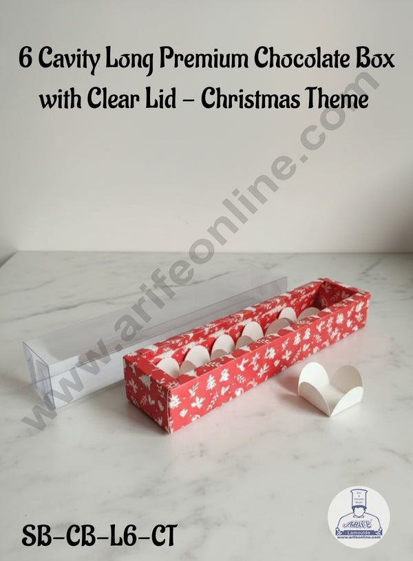CAKE DECOR™ 6 Cavity Long Premium Chocolate Box with Clear Lid - Christmas Theme | Red | 1 Piece Pack