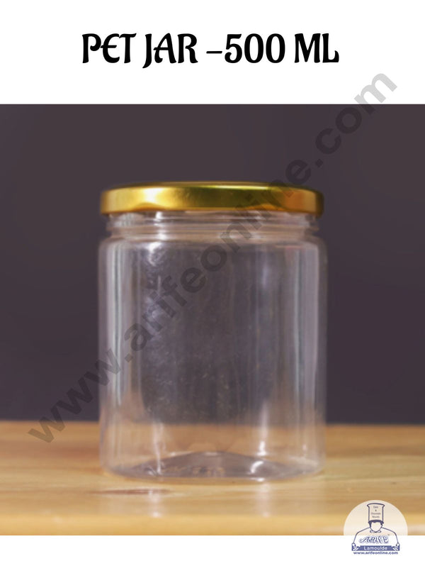 CAKE DECOR™ 1 Piece Plastic Transparent Cookies Jar With Golden Cap  - 500 ml