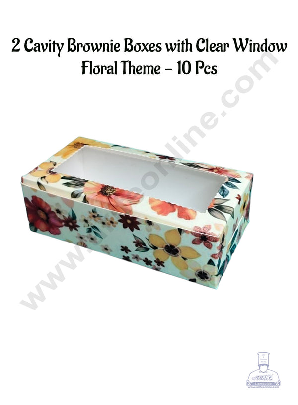 CAKE DECOR™ 2 Cavity Brownie Boxes with Clear Window Floral Theme | Brownie Carriers - 10 Pcs Pack