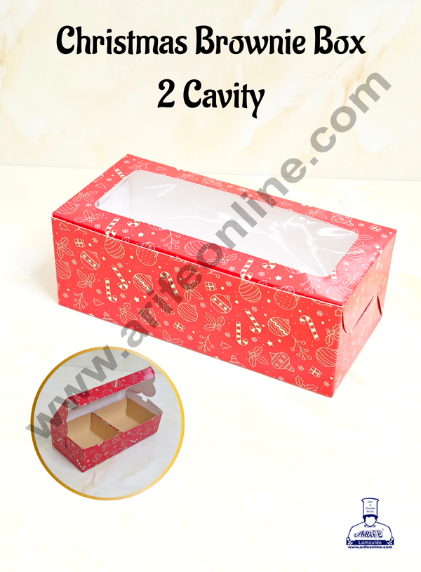 CAKE DECOR™ 2 Cavity Brownie Boxes with Clear Window Christmas Theme - Red | Brownie Carriers - 10 Pcs Pack