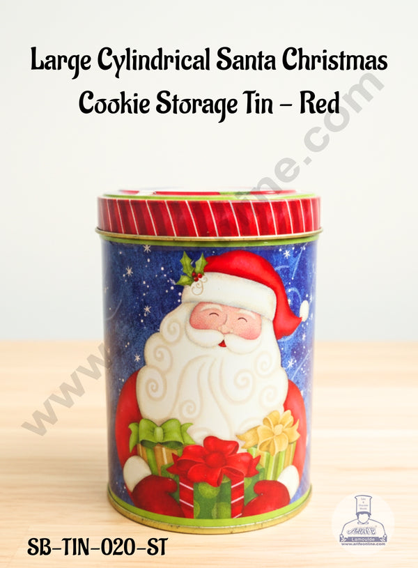CAKE DECOR™ Large Cylindrical Santa Christmas Cookie Storage Tin - Red │ SB-TIN-020-ST │