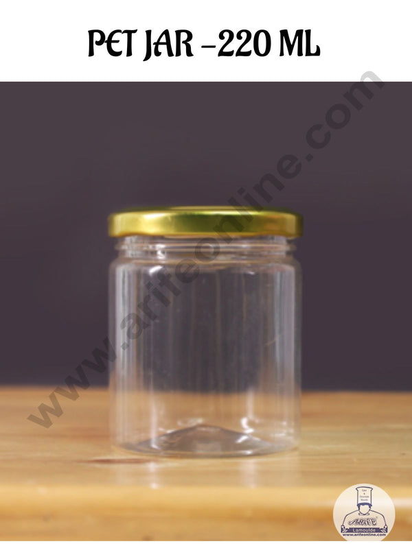 CAKE DECOR™ 1 Piece Plastic Transparent Cookies Jar With Golden Cap  - 220 ml