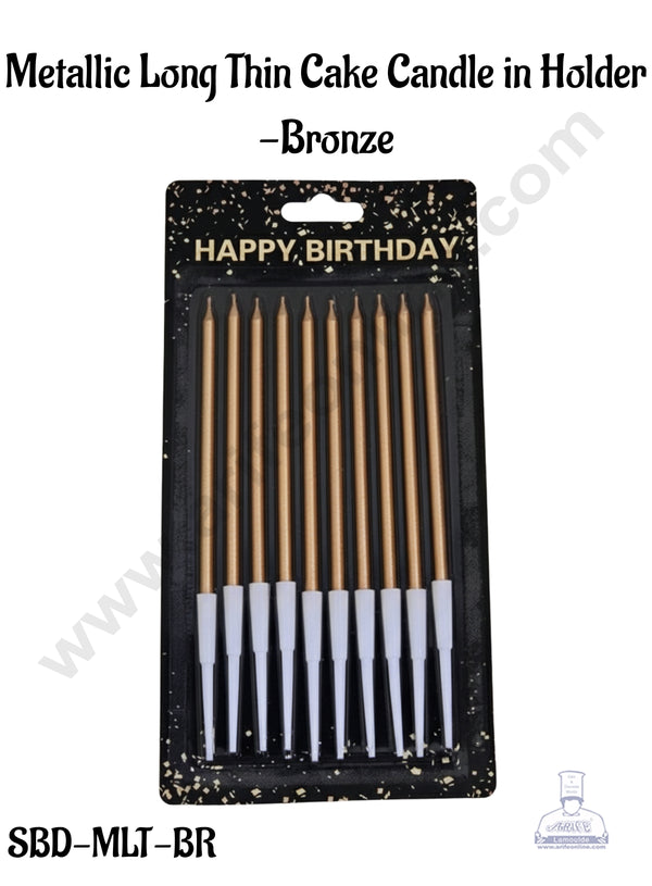 Metallic Long Thin Cake Candle in Holder for Party Decoration for Cake and Cupcake - Bronze- Pack of 10 Pc - CAKE DECOR™