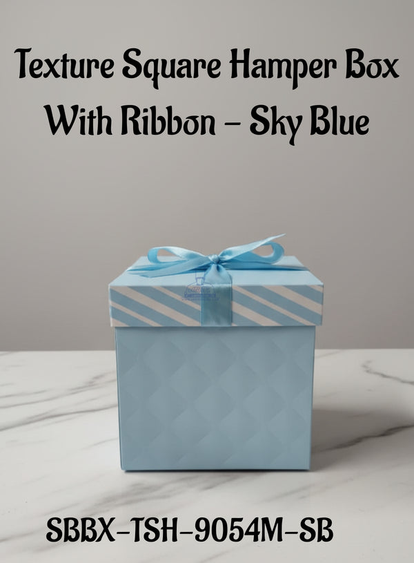 Texture Square Hamper Box With Ribbon - Sky Blue | 15 x 15 x 15 cm | 1 Piece - CAKE DECOR™