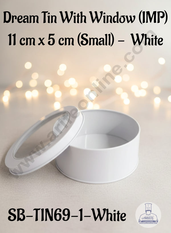 CAKE DECOR™ Dream Tin with Window (IMP) | Dream Cake Tin | Torte cake | Cookie |White | 11 cm X 5cm |Small