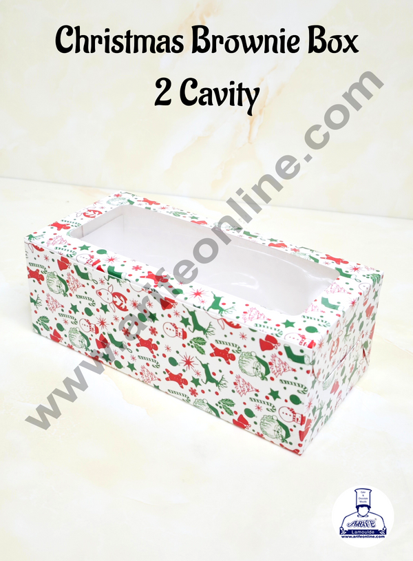 CAKE DECOR™ 2 Cavity Brownie Boxes with Clear Window Christmas Theme - White | Brownie Carriers - 10 Pcs Pack