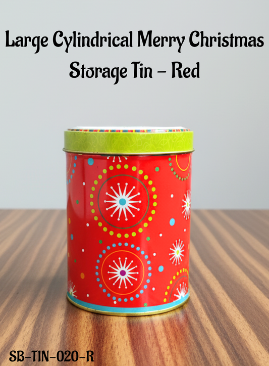CAKE DECOR™ Large Cylindrical Merry Christmas  Storage Tin - Red│Height: 14 cm x Diameter: 10.5 cm│