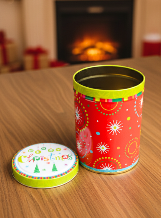 CAKE DECOR™ Large Cylindrical Merry Christmas  Storage Tin - Red│Height: 14 cm x Diameter: 10.5 cm│