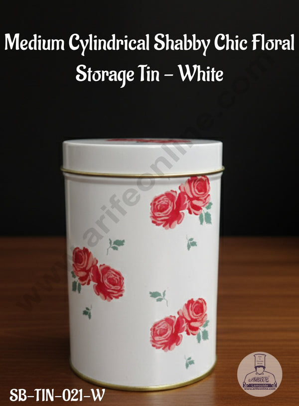 CAKE DECOR™ Medium Cylindrical Shabby Chic Floral Storage Tin - White│SB-TIN-021-W│