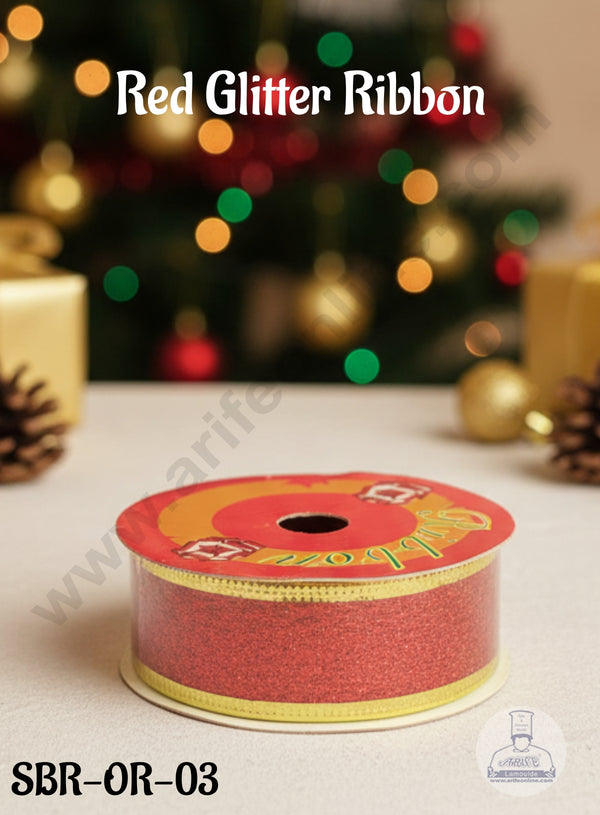 CAKE DECOR™ Red Glitter Ribbon | Sheer Ribbon | Gift Wrapping | Decoration (SBR-OR-03)