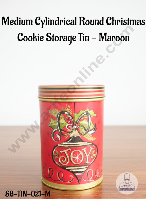 CAKE DECOR™ Medium Cylindrical Round Christmas Cookie Storage Tin - Maroon│SB-TIN-021-M│