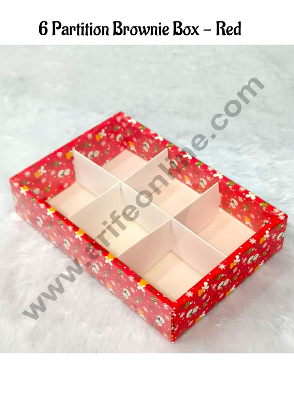 CAKE DECOR™ 6 Cavity Christmas Theme Brownie Boxes Red color | Brownie Carriers - 1 Pcs Pack