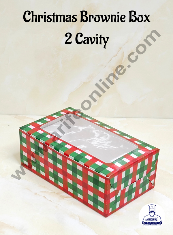 CAKE DECOR™ 2 Cavity Brownie Boxes with Clear Window Christmas Theme - Red & Green| Brownie Carriers - 10 Pcs Pack