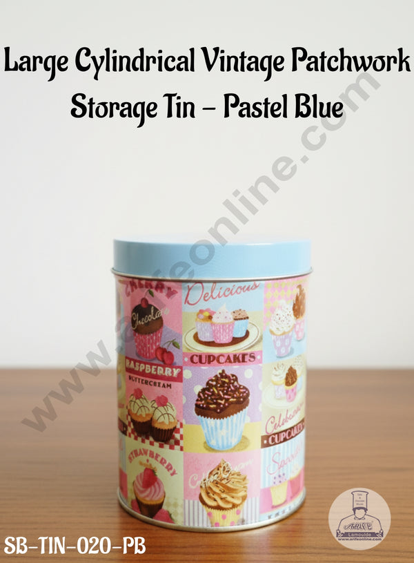 CAKE DECOR™ Large Cylindrical Vintage Patchwork Storage Tin - Pastel Blue│SB-TIN-020-PB │