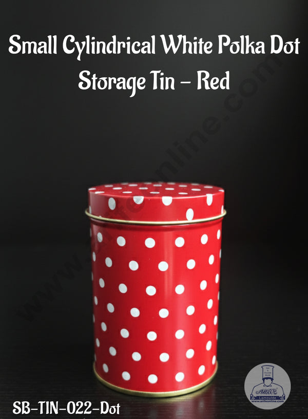 CAKE DECOR™ Small Cylindrical White Polka Dot Storage Tin - Red │SB-TIN-022-Dot│
