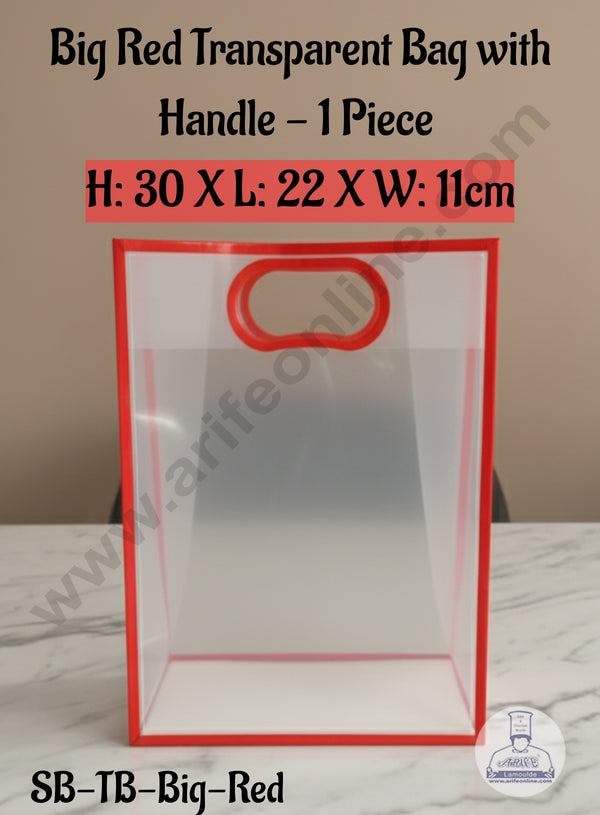 Big Red Transparent Bag with Handle (H: 30 X L: 22 X W: 11cm) | 1 Piece | Gift Bag with Handle - CAKE DECOR™