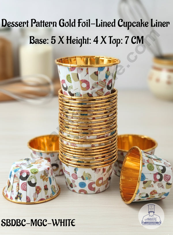 CAKE DECOR™ Dessert Pattern Gold Foil-Lined Cupcake Liner (50 Pcs) - (SBDBC-MGC-WHITE)