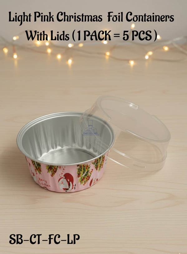 CAKE DECOR™ Light Pink Christmas Theme Round Frill Aluminium Tin Foil Baking Cups with Clear Lid | Non-Stick Bake & Serve Aluminium Containers (Pack of 5)