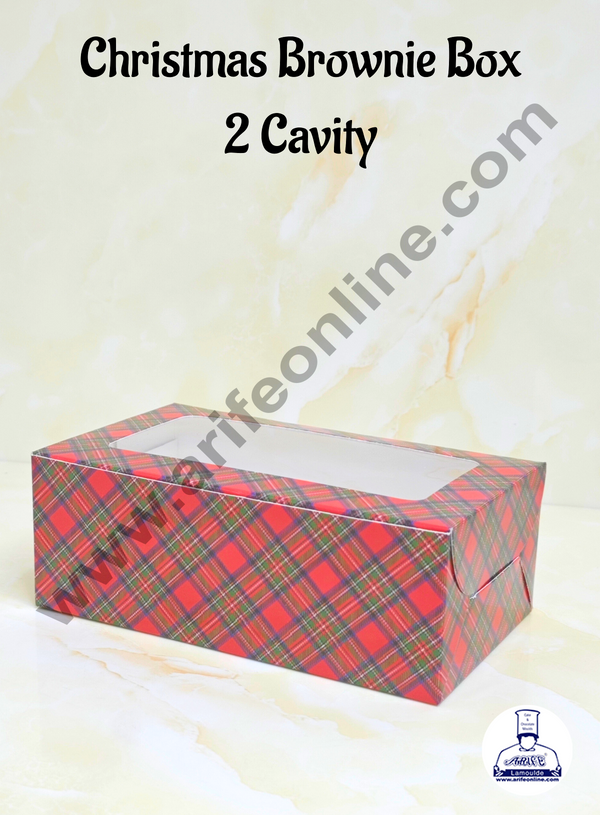 CAKE DECOR™ 2 Cavity Brownie Boxes with Clear Window Christmas Theme - Red & Blue | Brownie Carriers - 10 Pcs Pack