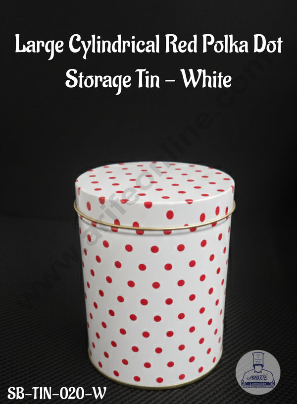 CAKE DECOR™ Large Cylindrical Red Polka Dot Storage Tin - White │SB-TIN-020-W│