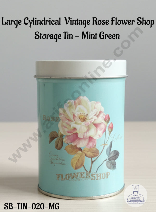 CAKE DECOR™ Large Cylindrical Vintage Rose Flower Shop Storage Tin - Mint Green │SB-TIN-020-MG│