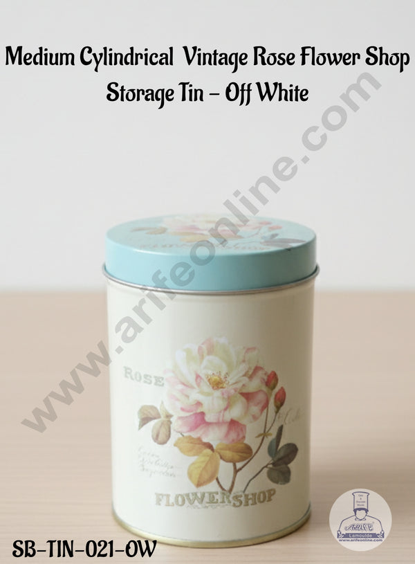 CAKE DECOR™ Medium Cylindrical  Vintage Rose Flower Shop Storage Tin - Off White│SB-TIN-021-OW││