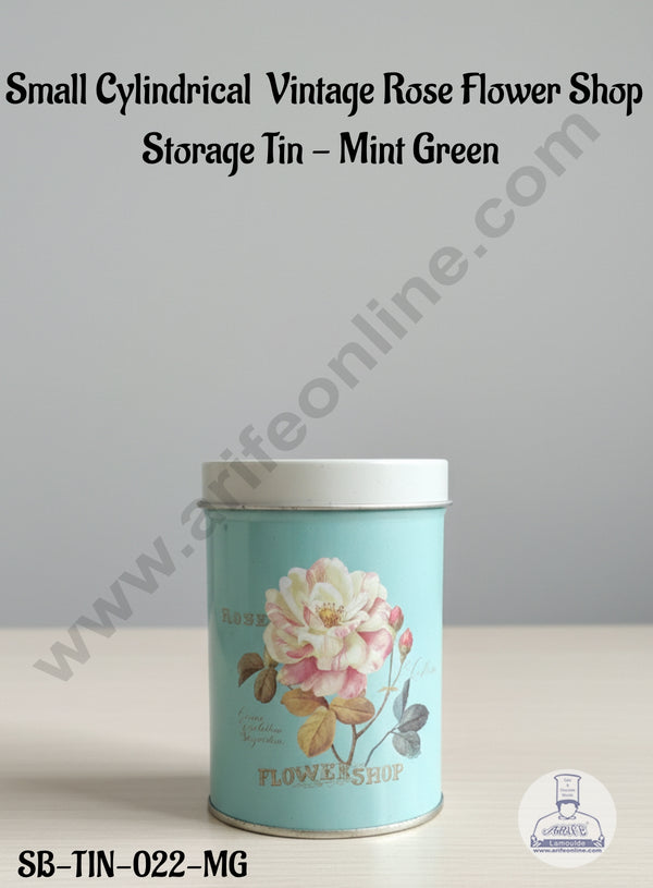 CAKE DECOR™ Small Cylindrical Vintage Rose Flower Shop Storage Tin - Mint Green │SB-TIN-022-MG│