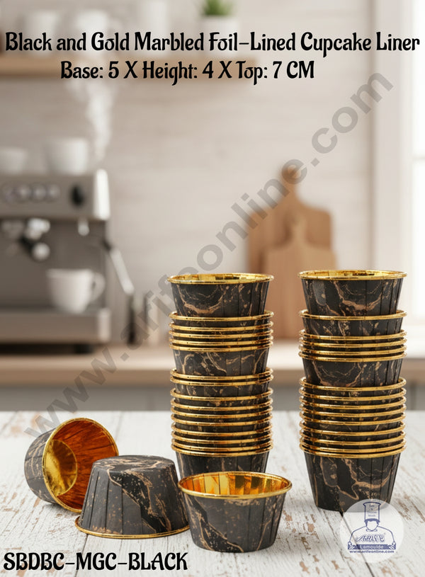 CAKE DECOR™ Black and Gold Marbled Foil-Lined Cupcake Liner (50 Pcs) - (SBDBC-MGC-BLACK)