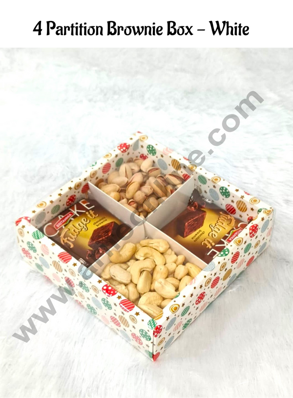 Cake Decor 4 Cavity White Christmas Design with Partition , Clear Window | Brownie Carriers ( 1 Pcs Pack )