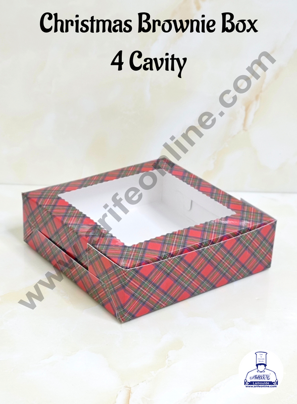 CAKE DECOR™ Red & Blue Christmas Theme 4 Cavity Brownie Boxes with Clear Window | Brownie Carriers - 10 Pcs Pack | Design- 01